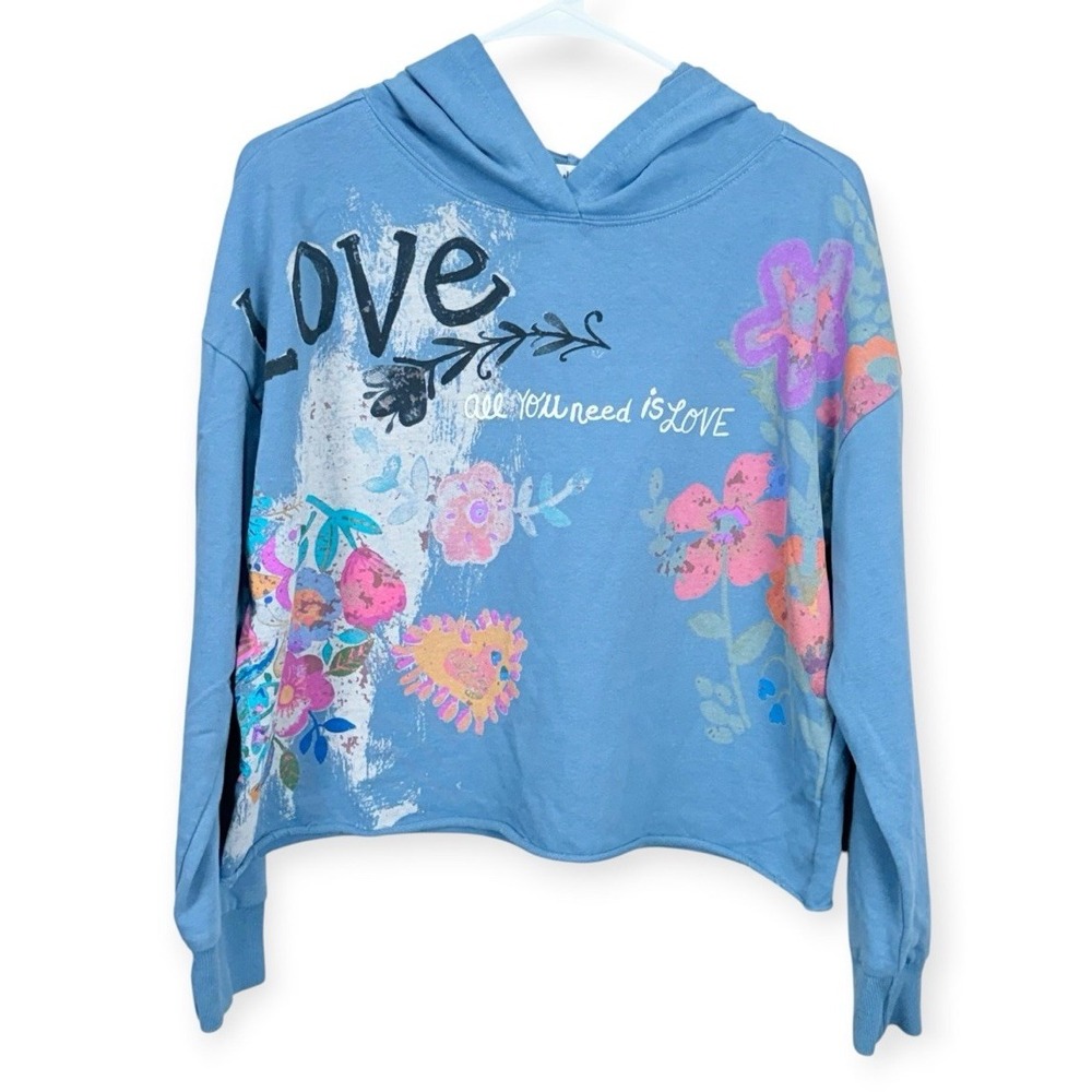 Natural Life Women's Blue Floral Love Cropped Hoodie Pullover Size Small
